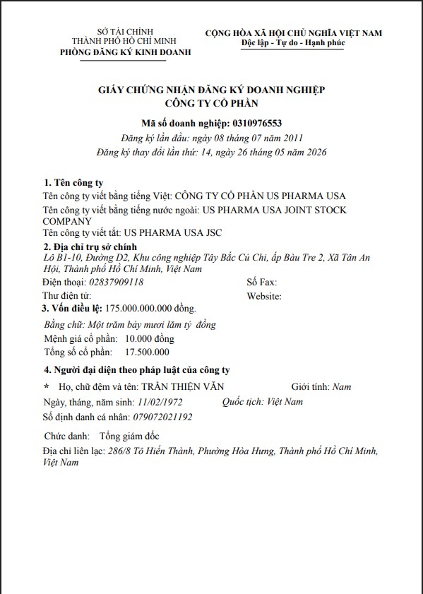  GIẤY CHỨNG NHẬN ĐĂNG KÝ KINH DOANH CÔNG TY CỔ PHẦN US PHARMA USA THAY ĐỔI LẦN THỨ 14