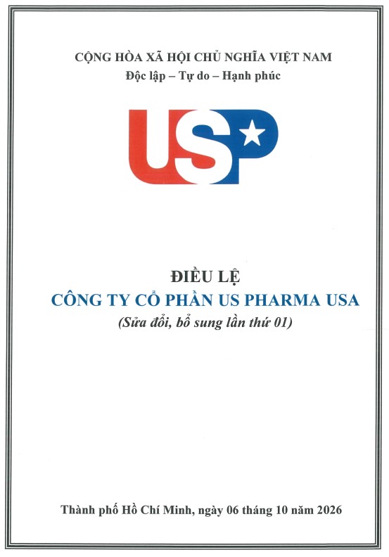 ĐIỀU LỆ CÔNG TY CỔ PHẦN US PHARMA USA (Sửa đổi, bổ sung lần thứ 01)