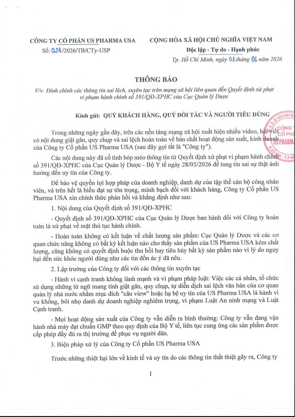 Thông báo V/v Đính chính các thông tin sai lệch, xuyên tạc trên mạng xã hội liên quan đến Quyết định xử phạt vi phạm hành chính số 391/QĐ- XPHC của Cục Quản lý Dược